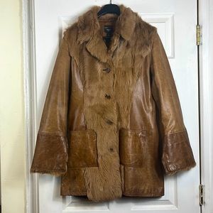 Carmel Brown Leather Jacket with Faux Fur Accents